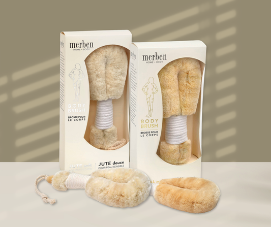 Jute and Sisal Merben Dry Brushes in packaging and outside on table.