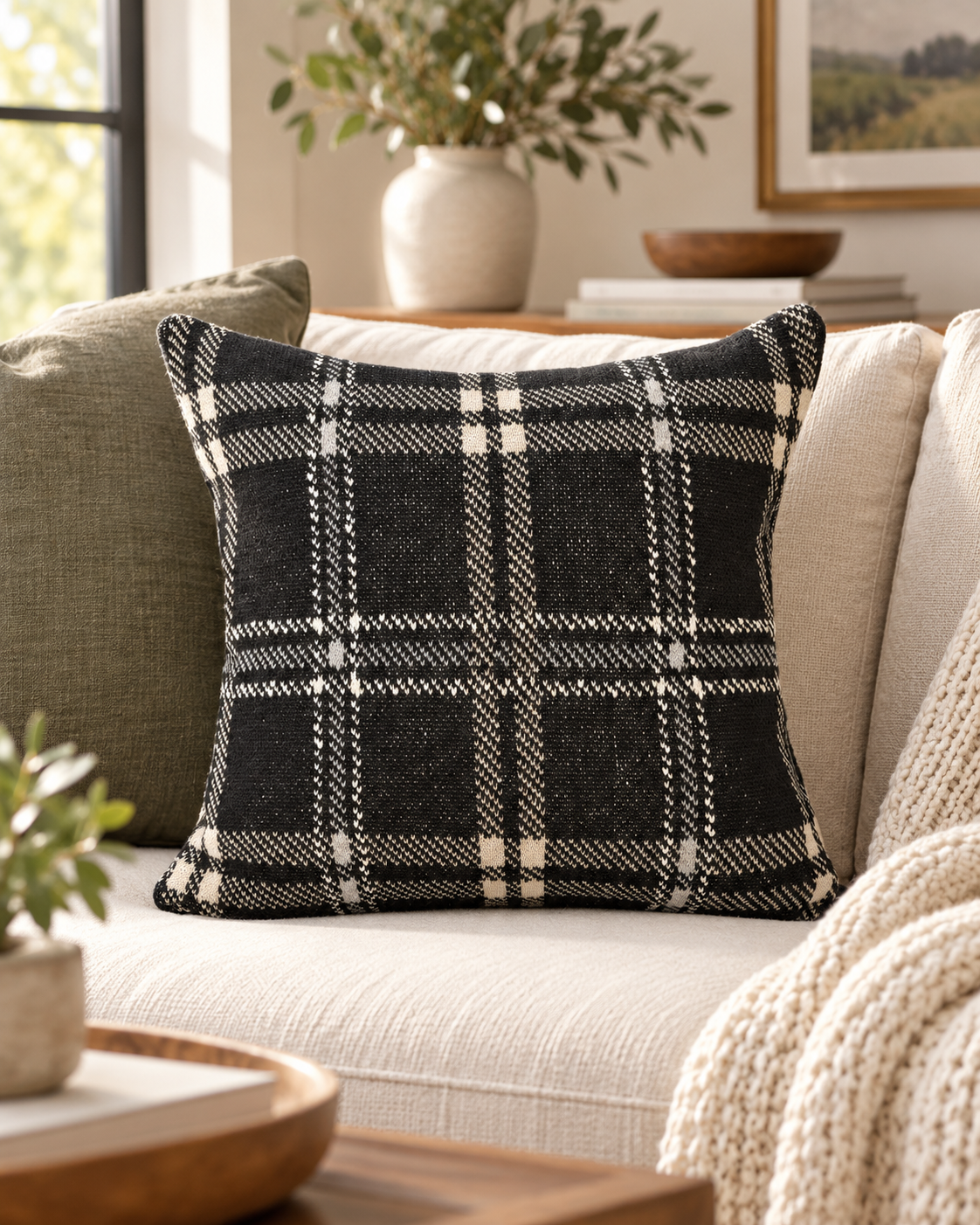 Oliver Plaid Pillow - Black 22"x22"